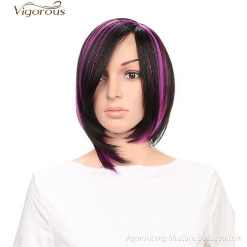 Vigorous Black Mix Purple Silky Straight Wigs With Part Side Bangs For Women Synthetic Fiber Heat Resistant Glueless Hair Wigs
